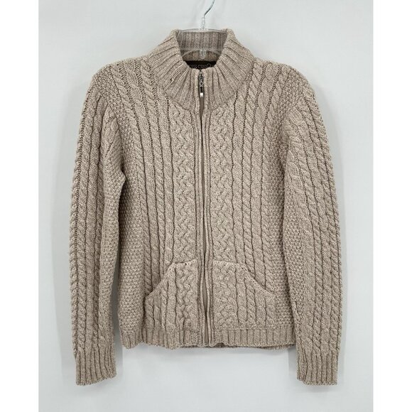 cardigan sweater 100% wool zip up cable knit made in ireland ivory M - Picture 2 of 5